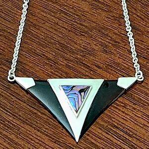 VINTAGE Mid-Century Modern SIGNED DEVINE Sterling Silver Onyx Abalone Necklace!